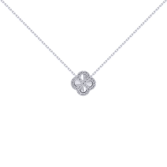 Silver  CZ Fluted Disc Clover Kiss Charm Necklace 16-18" - 8-19-2760