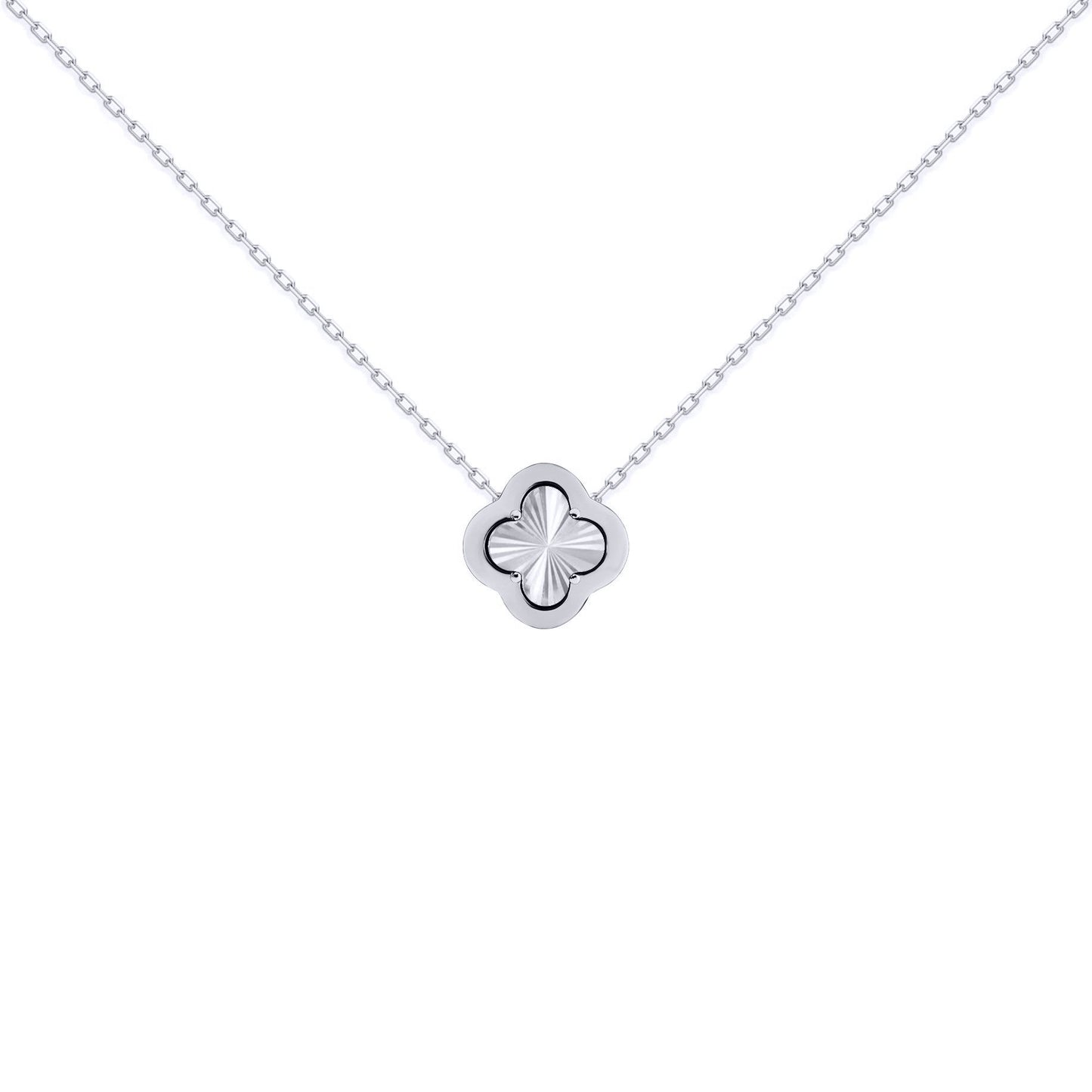 Silver  CZ Fluted Disc Clover Kiss Charm Necklace 16-18" - 8-19-2760
