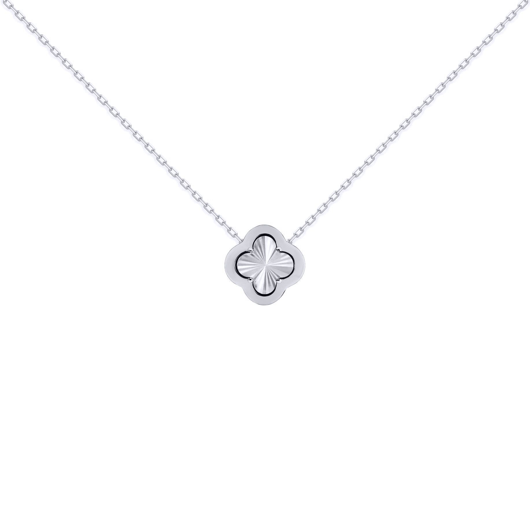 Silver  CZ Fluted Disc Clover Kiss Charm Necklace 16-18" - 8-19-2760