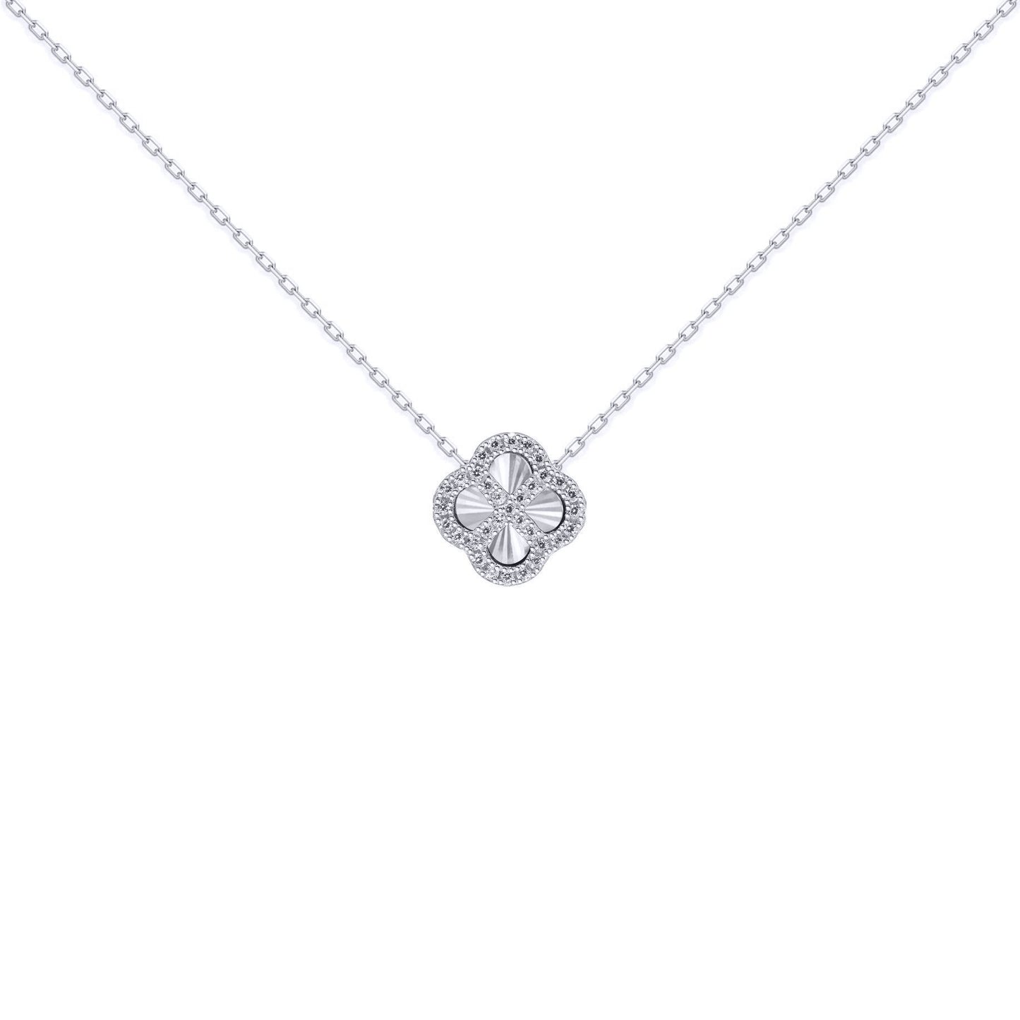 Silver  CZ Fluted Disc Clover Kiss Charm Necklace 16-18" - 8-19-2760