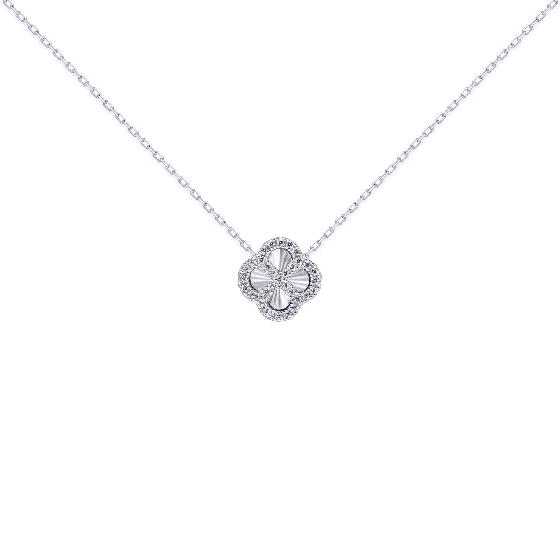 Silver  CZ Fluted Disc Clover Kiss Charm Necklace 16-18" - 8-19-2760