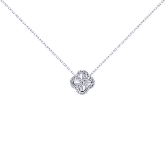 Silver  CZ Fluted Disc Clover Kiss Charm Necklace 16-18" - 8-19-2760