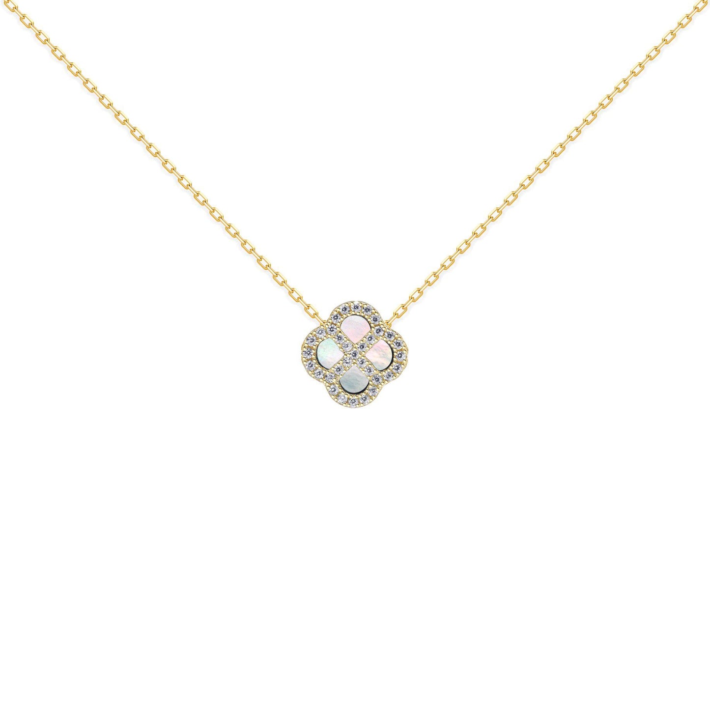 Gold-plated Silver  CZ Mother o'Pearl Clover Kiss Charm Necklace - 8-19-2870