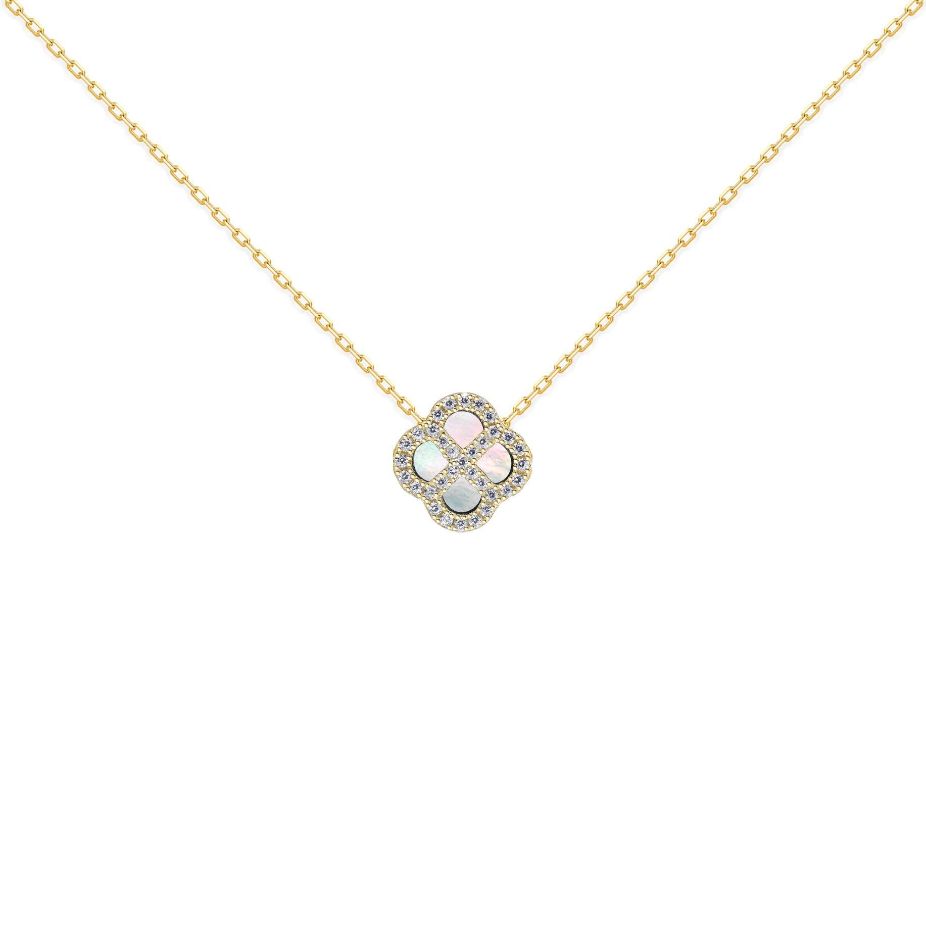 Gold-plated Silver  CZ Mother o'Pearl Clover Kiss Charm Necklace - 8-19-2870