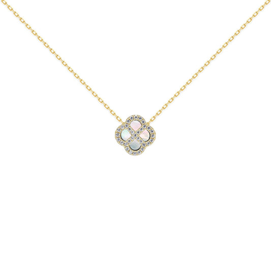 Gold-plated Silver  CZ Mother o'Pearl Clover Kiss Charm Necklace - 8-19-2870