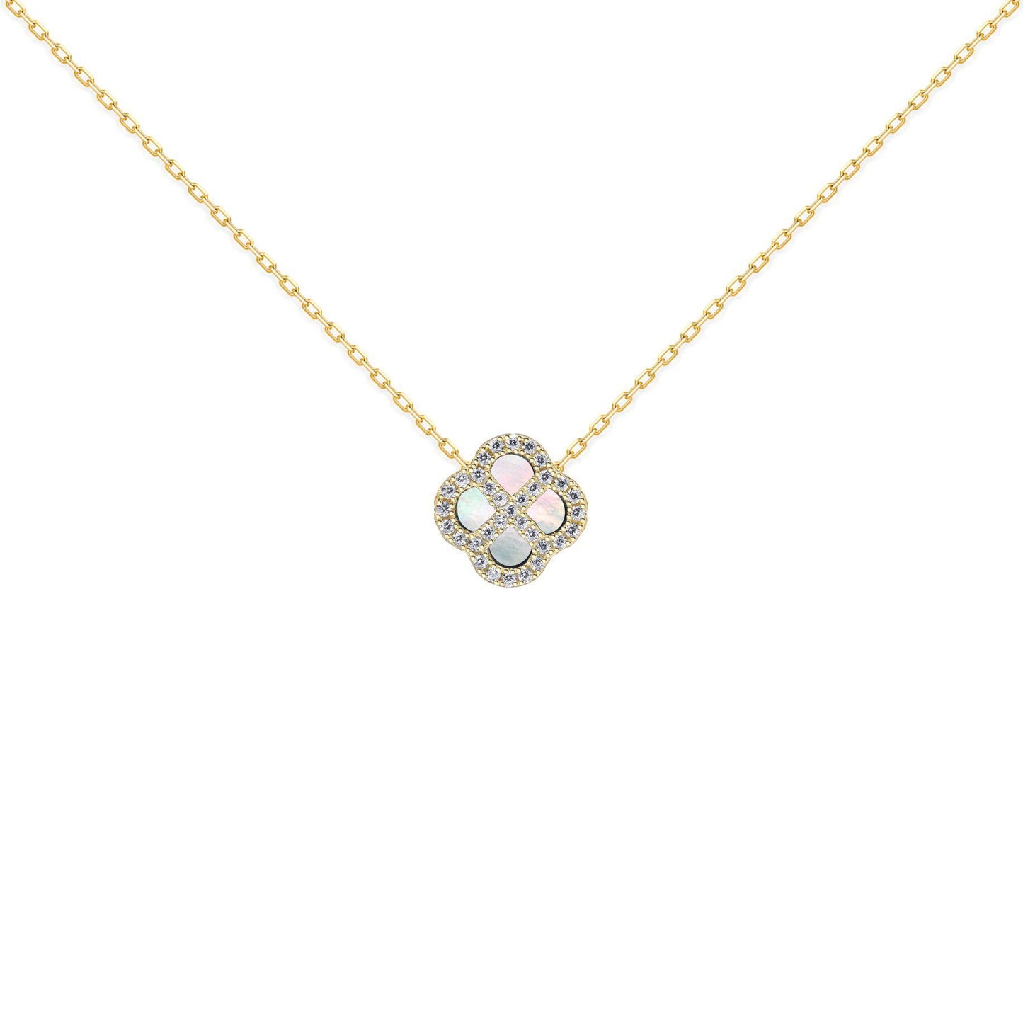 Gold-plated Silver  CZ Mother o'Pearl Clover Kiss Charm Necklace - 8-19-2870