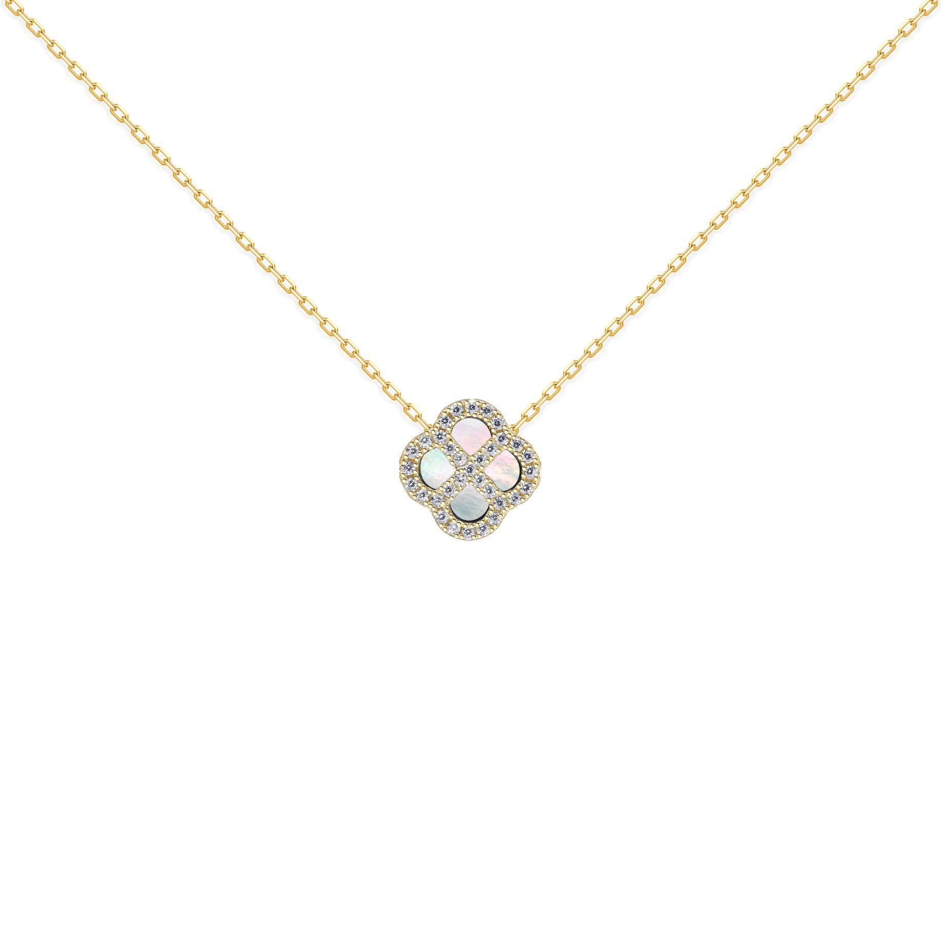 Gold-plated Silver  CZ Mother o'Pearl Clover Kiss Charm Necklace - 8-19-2870