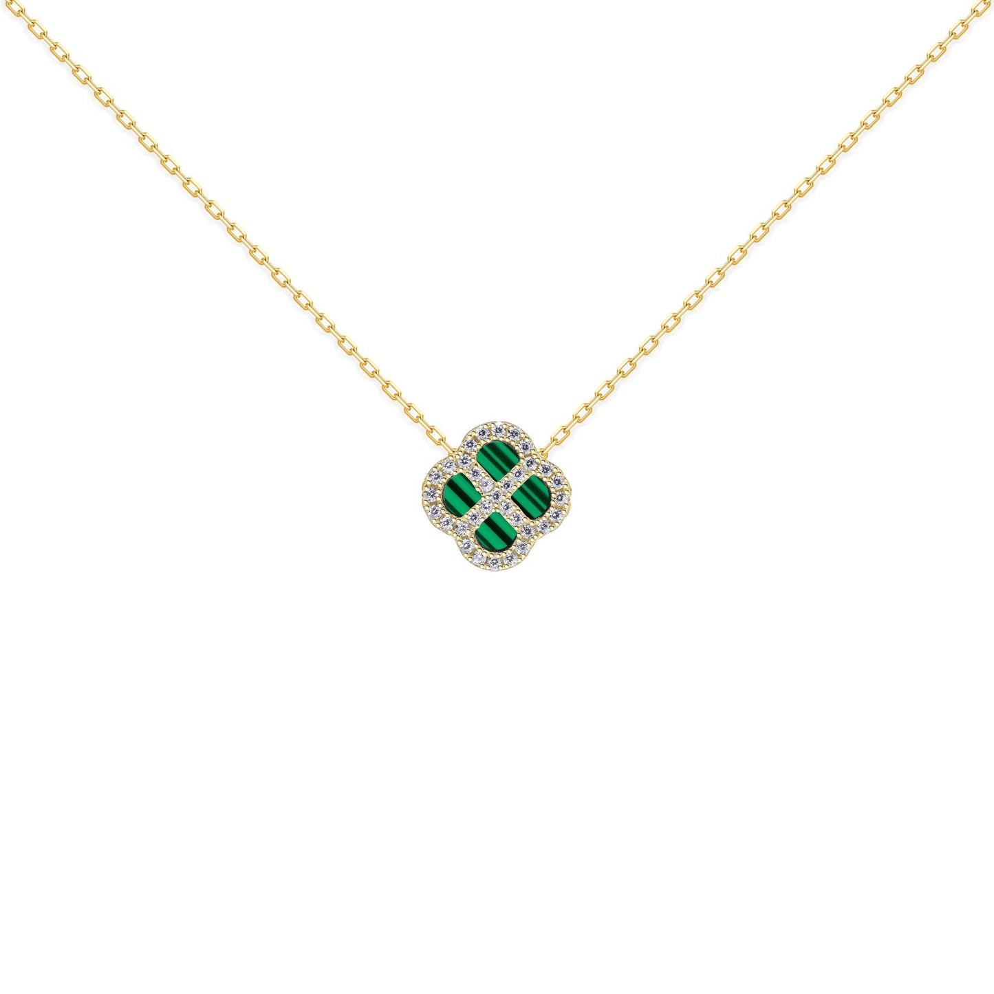 Gold-plated Silver  CZ Malachite Clover Kiss Charm Necklace 16-18" - 8-19-2880