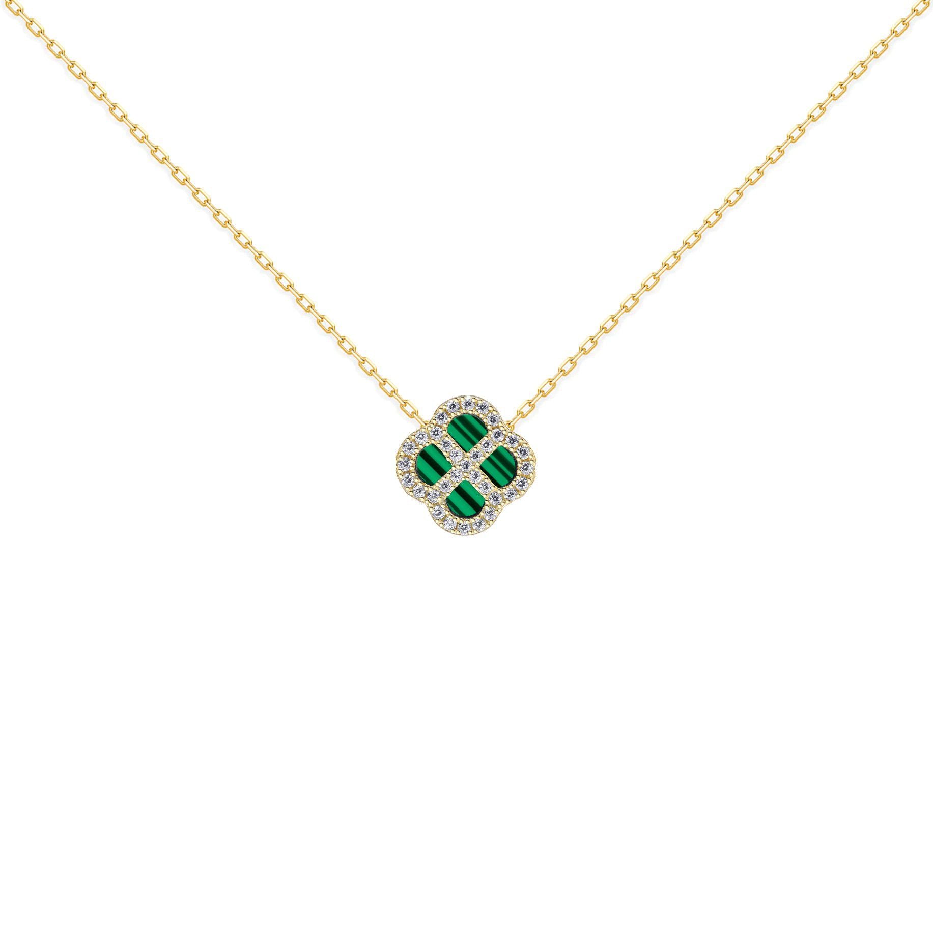 Gold-plated Silver  CZ Malachite Clover Kiss Charm Necklace 16-18" - 8-19-2880