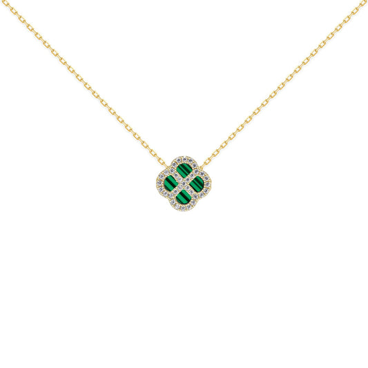 Gold-plated Silver  CZ Malachite Clover Kiss Charm Necklace 16-18" - 8-19-2880