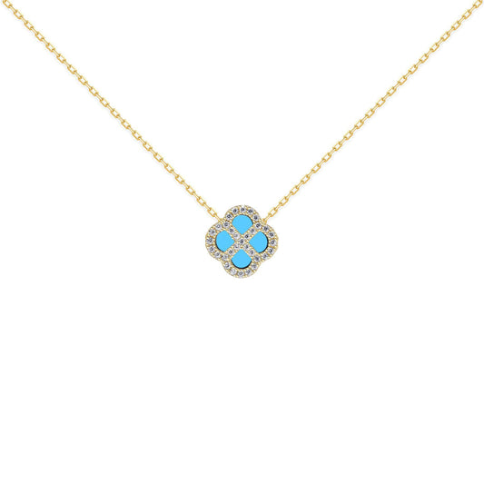 Gold-plated Silver  CZ Turquoise Clover Kiss Charm Necklace 16-18" - 8-19-2890