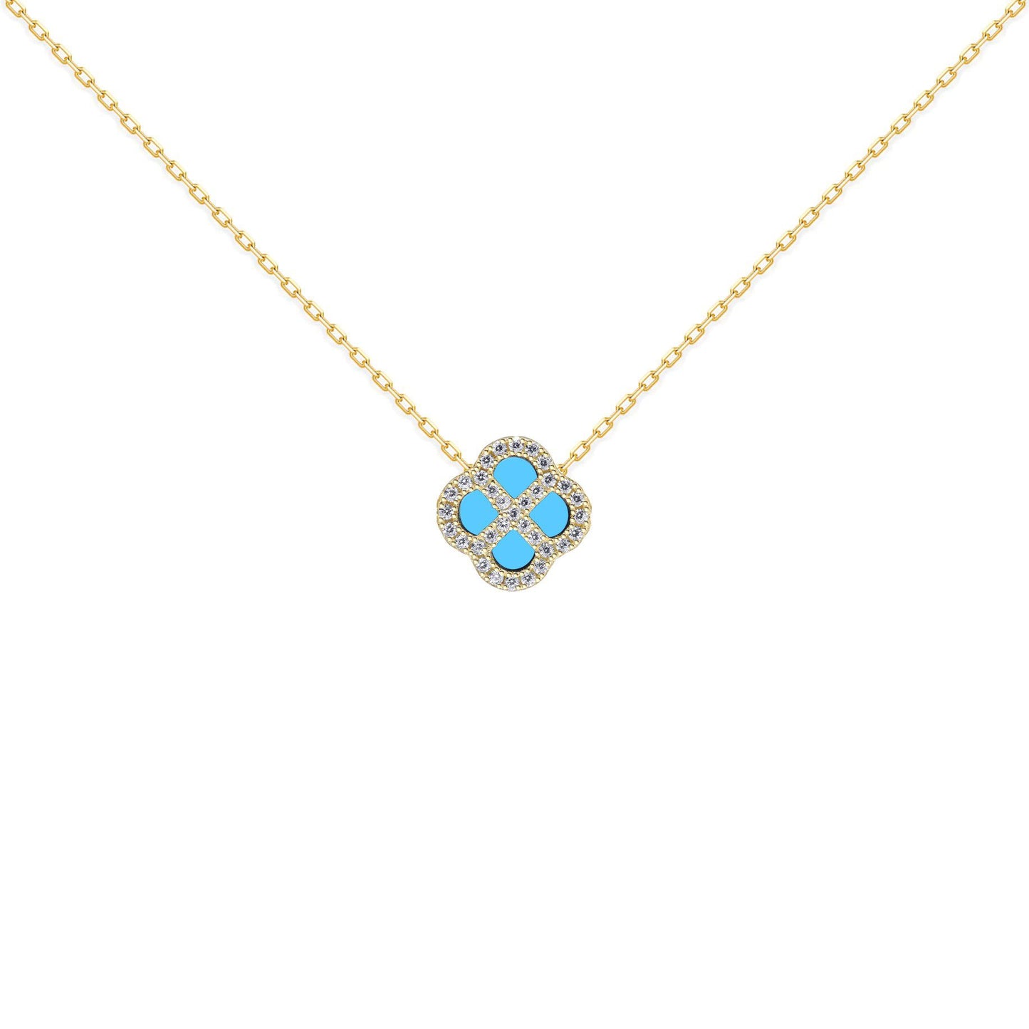 Gold-plated Silver  CZ Turquoise Clover Kiss Charm Necklace 16-18" - 8-19-2890