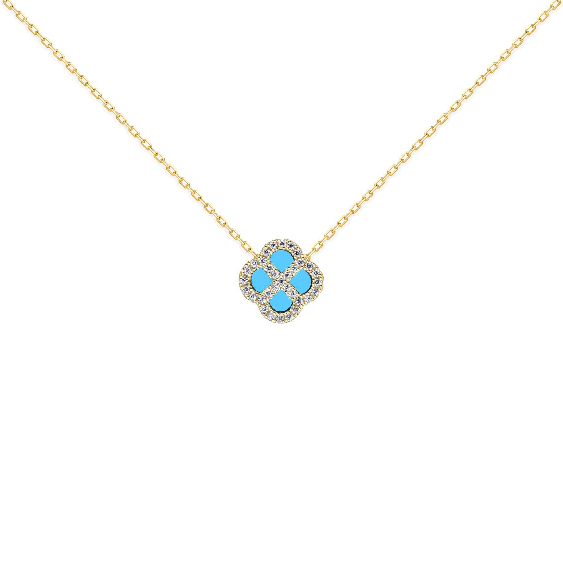 Gold-plated Silver  CZ Turquoise Clover Kiss Charm Necklace 16-18" - 8-19-2890