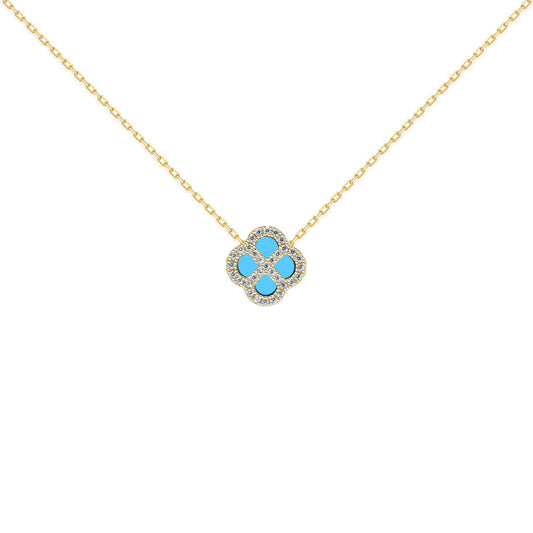 Gold-plated Silver  CZ Turquoise Clover Kiss Charm Necklace 16-18" - 8-19-2890