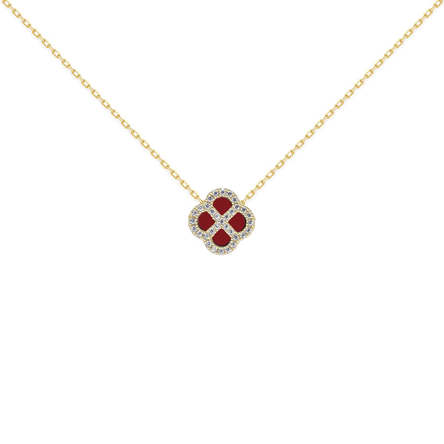 Gold-plated Silver  CZ Red Agate Clover Kiss Charm Necklace 16-18" - 8-19-2900