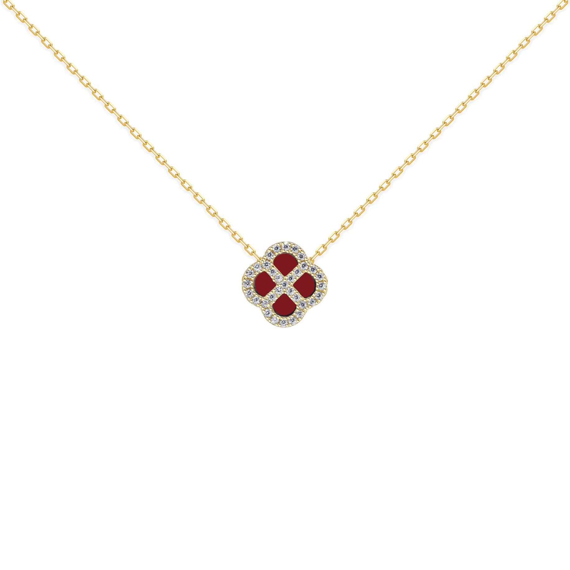 Gold-plated Silver  CZ Red Agate Clover Kiss Charm Necklace 16-18" - 8-19-2900
