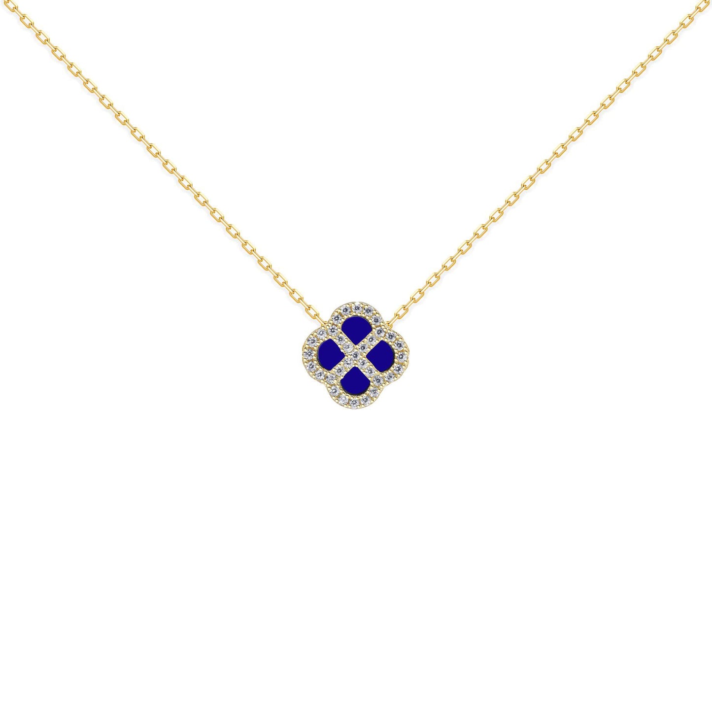 Gold-plated Silver  CZ Blue Lapis Clover Kiss Charm Necklace 18" - 8-19-2910