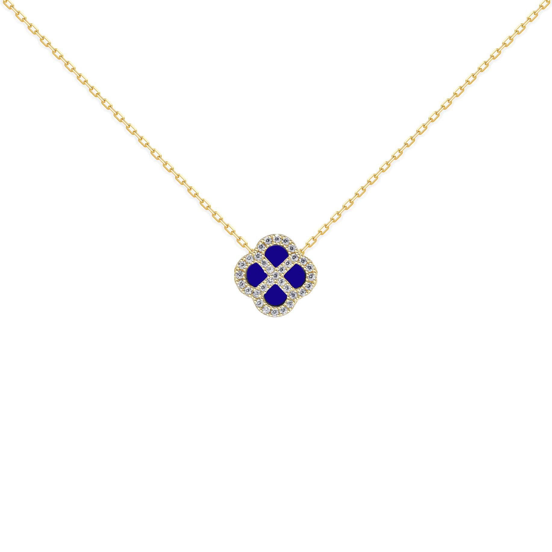 Gold-plated Silver  CZ Blue Lapis Clover Kiss Charm Necklace 18" - 8-19-2910