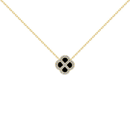 Gold-plated Silver  CZ Onyx Clover Kiss Charm Necklace 16-18" - 8-19-2920