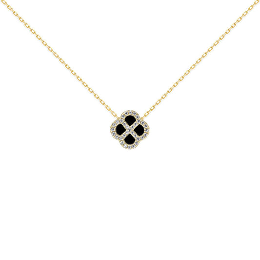 Gold-plated Silver  CZ Onyx Clover Kiss Charm Necklace 16-18" - 8-19-2920