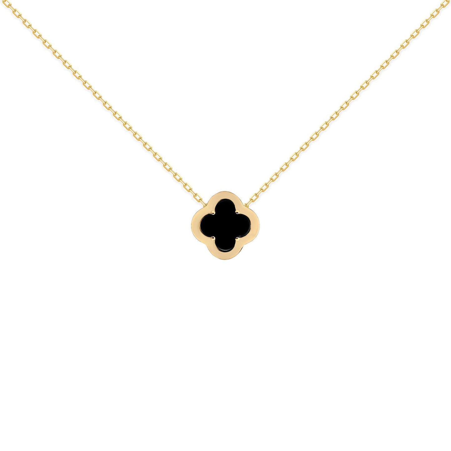 Gold-plated Silver  CZ Onyx Clover Kiss Charm Necklace 16-18" - 8-19-2920