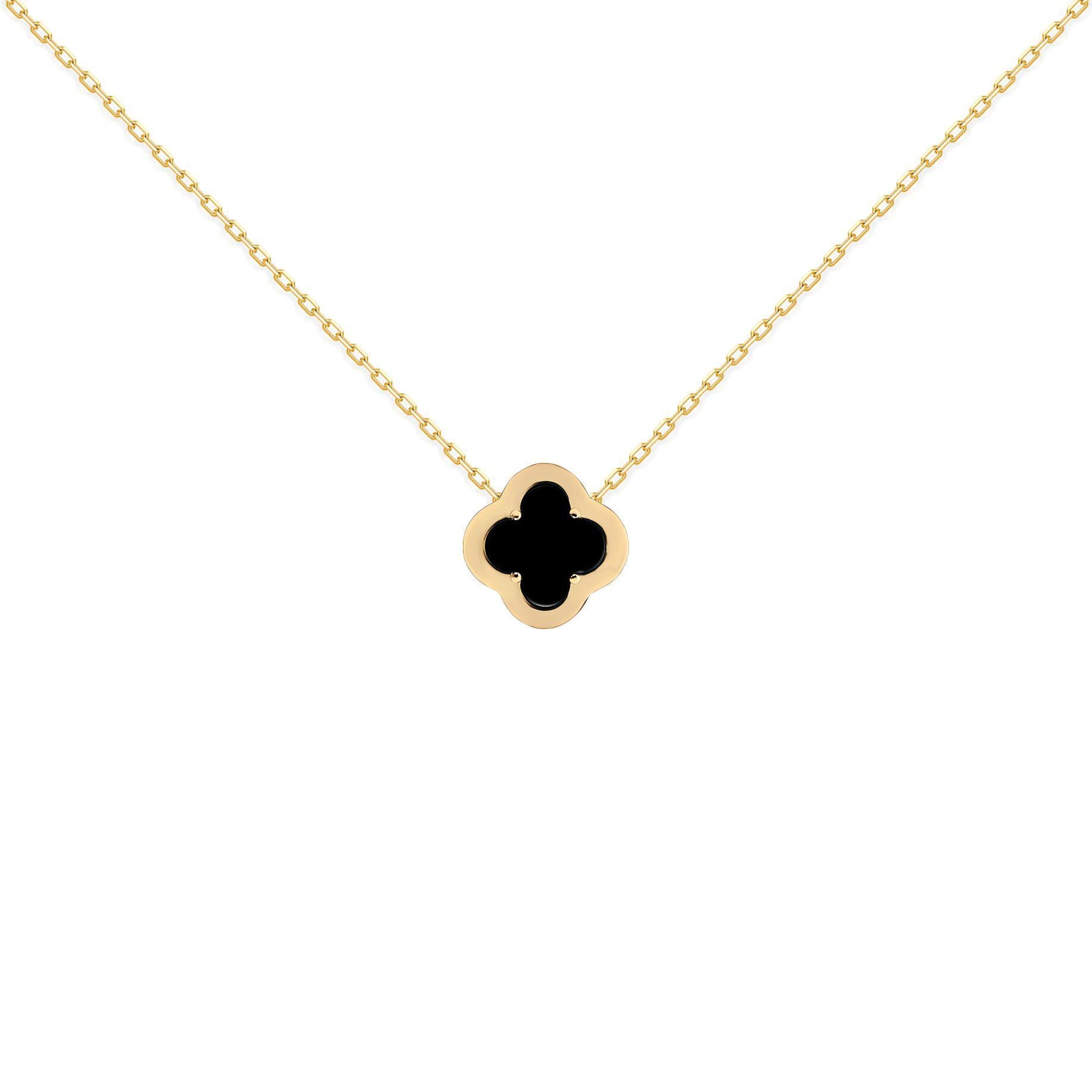 Gold-plated Silver  CZ Onyx Clover Kiss Charm Necklace 16-18" - 8-19-2920