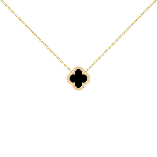 Gold-plated Silver  CZ Onyx Clover Kiss Charm Necklace 16-18" - 8-19-2920