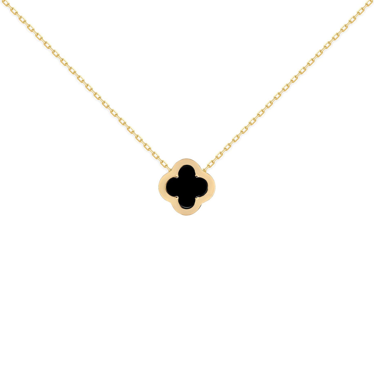 Gold-plated Silver  CZ Onyx Clover Kiss Charm Necklace 16-18" - 8-19-2920