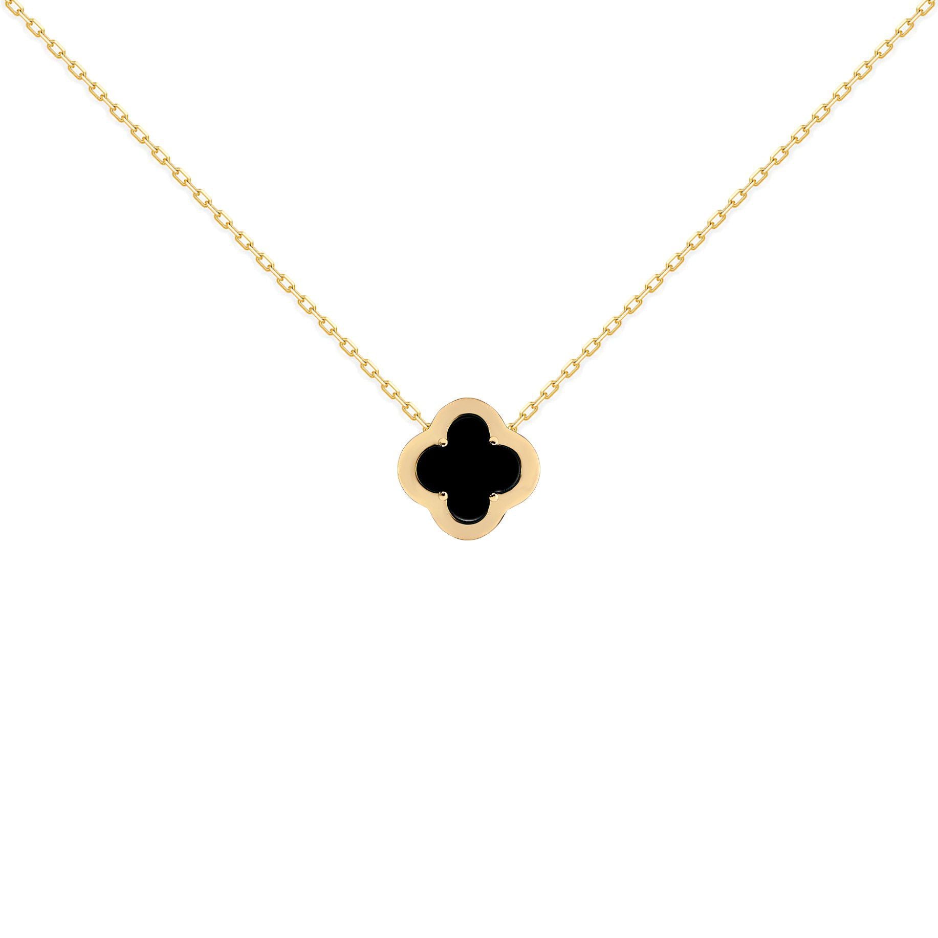 Gold-plated Silver  CZ Onyx Clover Kiss Charm Necklace 16-18" - 8-19-2920