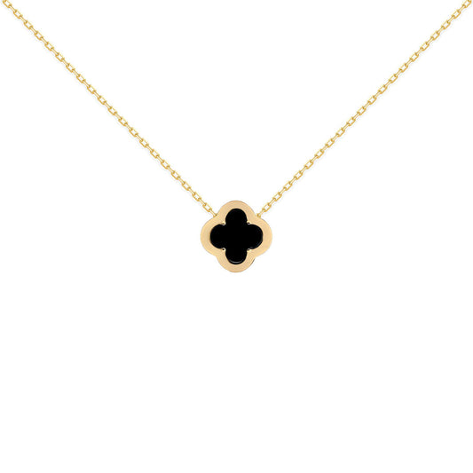 Gold-plated Silver  CZ Onyx Clover Kiss Charm Necklace 16-18" - 8-19-2920
