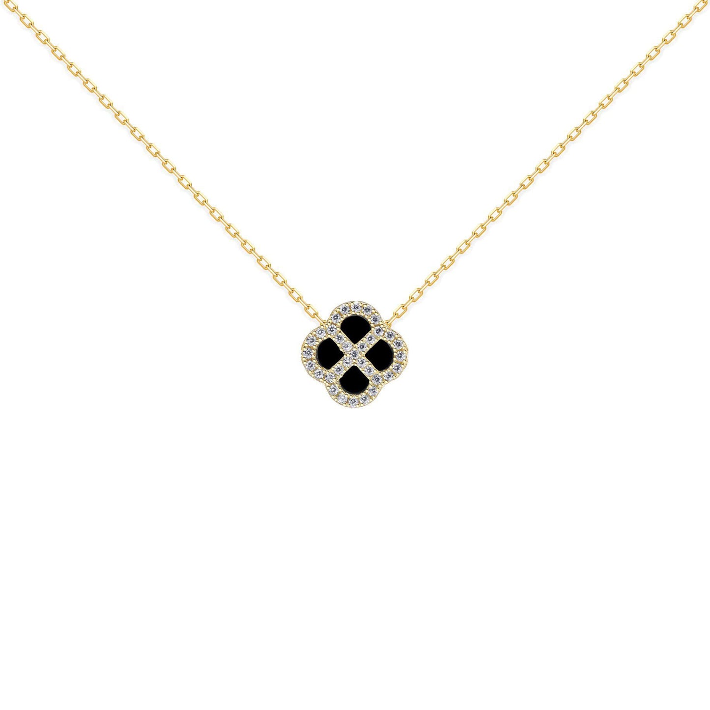 Gold-plated Silver  CZ Onyx Clover Kiss Charm Necklace 16-18" - 8-19-2920