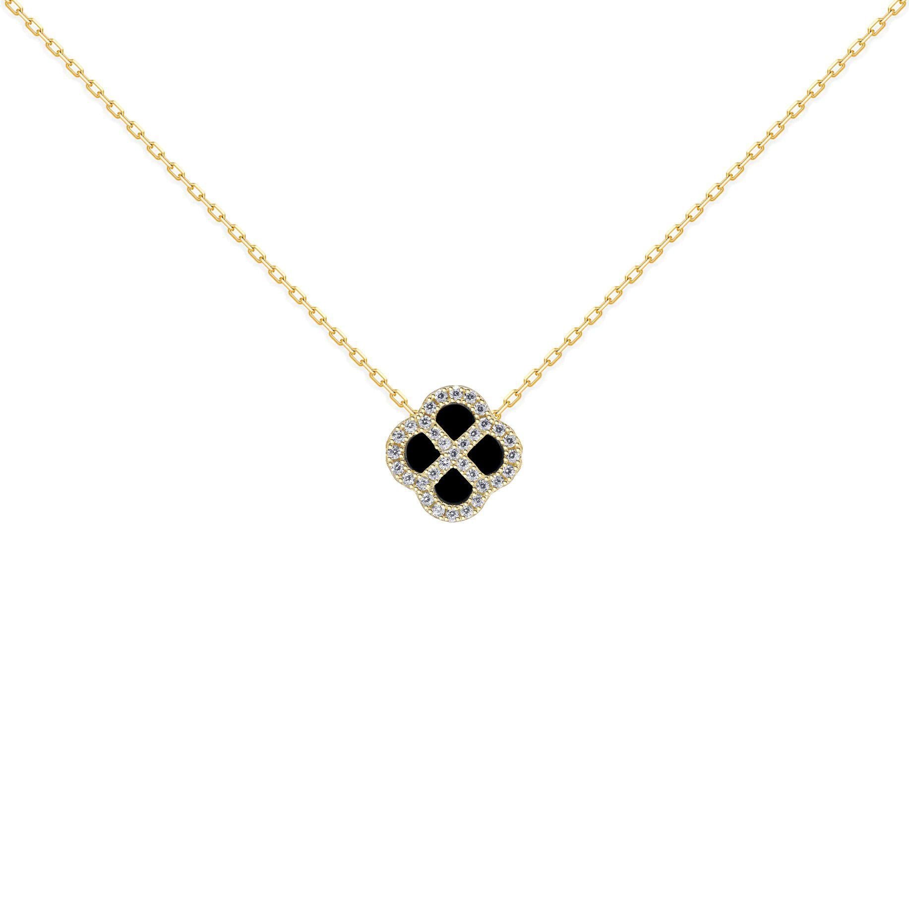 Gold-plated Silver  CZ Onyx Clover Kiss Charm Necklace 16-18" - 8-19-2920