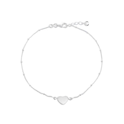 Silver  Curb & Ball Love Heart Charm Ankle Bracelet 9-9.5" - 8-23-7875