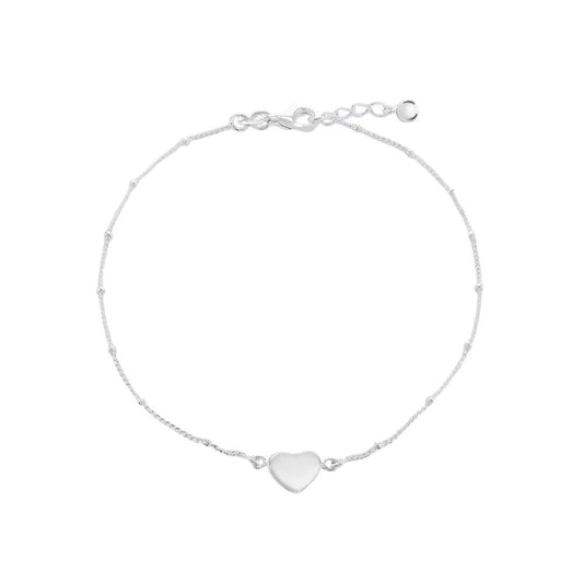 Silver  Curb & Ball Love Heart Charm Ankle Bracelet 9-9.5" - 8-23-7875