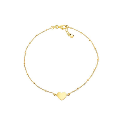 Gold-plated Silver  Curb & Ball Heart Charm Ankle Bracelet 9-9.5" - 8-23-7885