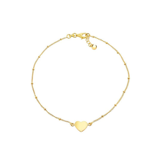 Gold-plated Silver  Curb & Ball Heart Charm Ankle Bracelet 9-9.5" - 8-23-7885