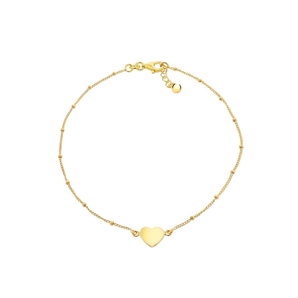 Gold-plated Silver  Curb & Ball Heart Charm Ankle Bracelet 9-9.5" - 8-23-7885