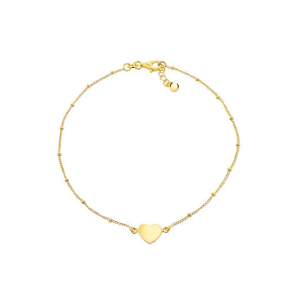 Gold-plated Silver  Curb & Ball Heart Charm Ankle Bracelet 9-9.5" - 8-23-7885