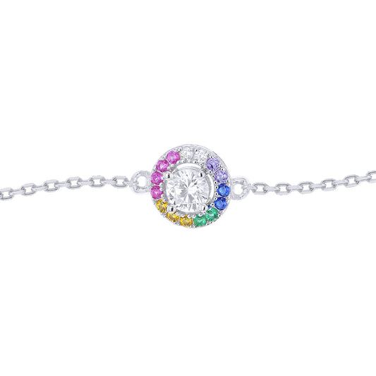 Silver  Rainbow CZ Halo Disc Solitaire Adjustable Charm Bracelet - 8-29-0852