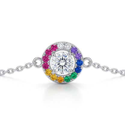Silver  Rainbow CZ Halo Disc Solitaire Adjustable Charm Bracelet - 8-29-0852