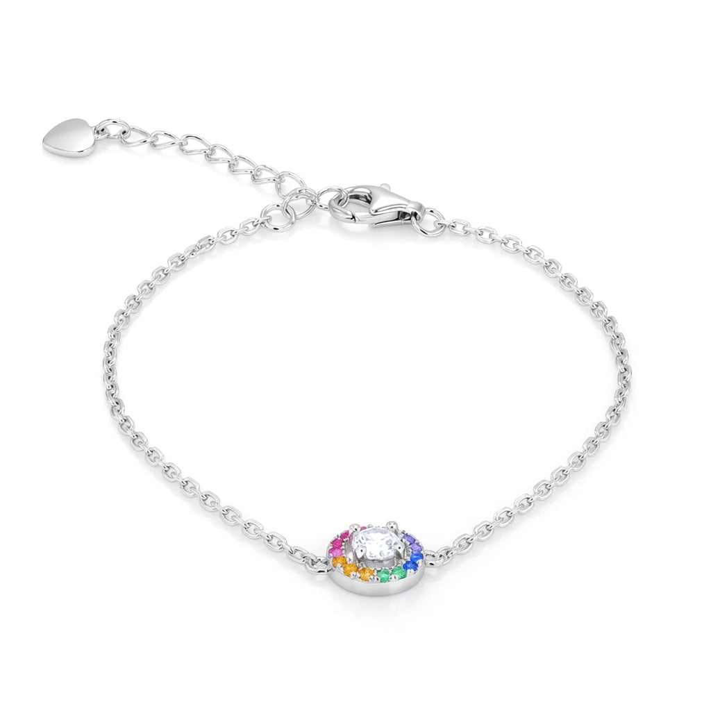 Silver  Rainbow CZ Halo Disc Solitaire Adjustable Charm Bracelet - 8-29-0852