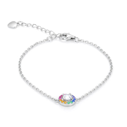 Silver  Rainbow CZ Halo Disc Solitaire Adjustable Charm Bracelet - 8-29-0852