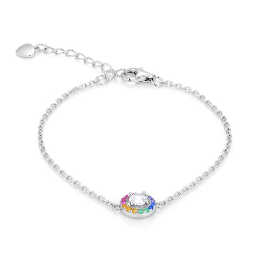 Silver  Rainbow CZ Halo Disc Solitaire Adjustable Charm Bracelet - 8-29-0852