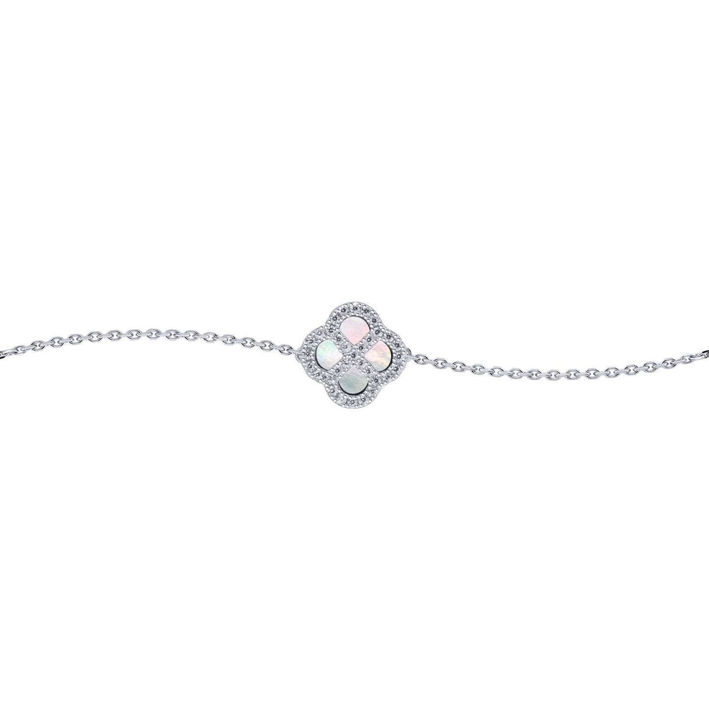 Silver  CZ Mother of Pearl Clover Kiss Charm Bracelet 6-7.5" - 8-29-2672