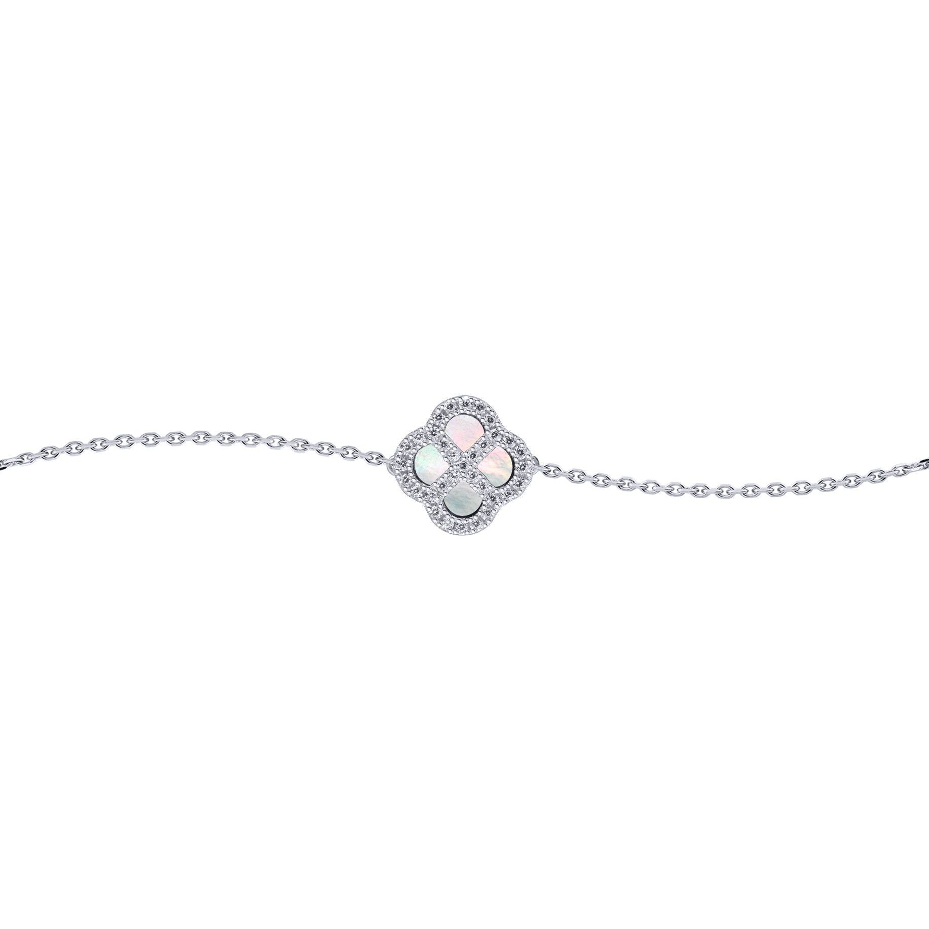 Silver  CZ Mother of Pearl Clover Kiss Charm Bracelet 6-7.5" - 8-29-2672