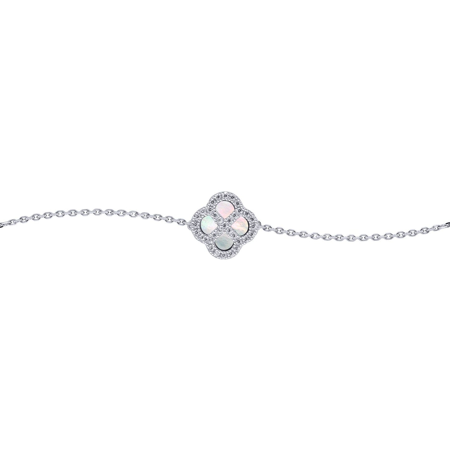 Silver  CZ Mother of Pearl Clover Kiss Charm Bracelet 6-7.5" - 8-29-2672
