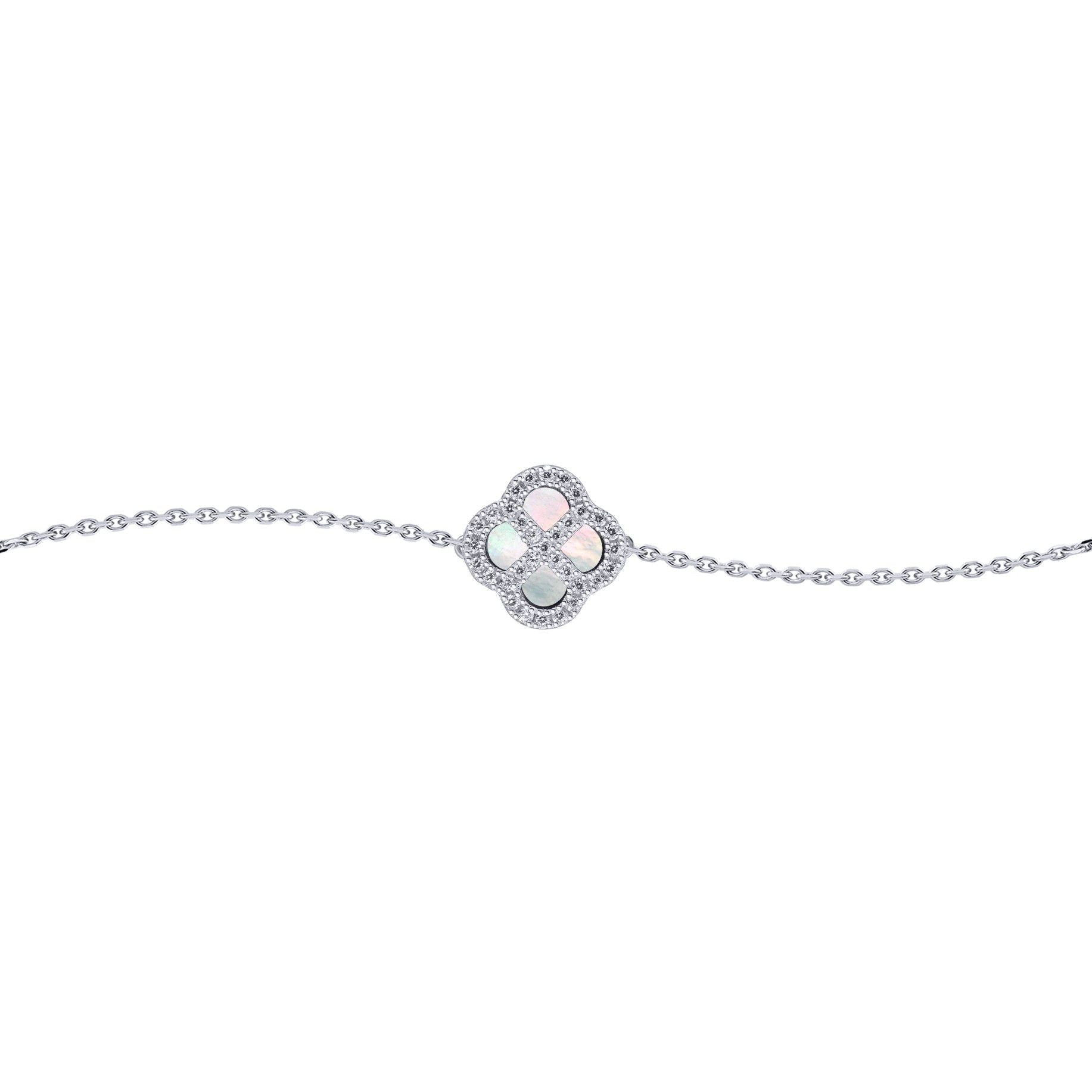 Silver  CZ Mother of Pearl Clover Kiss Charm Bracelet 6-7.5" - 8-29-2672