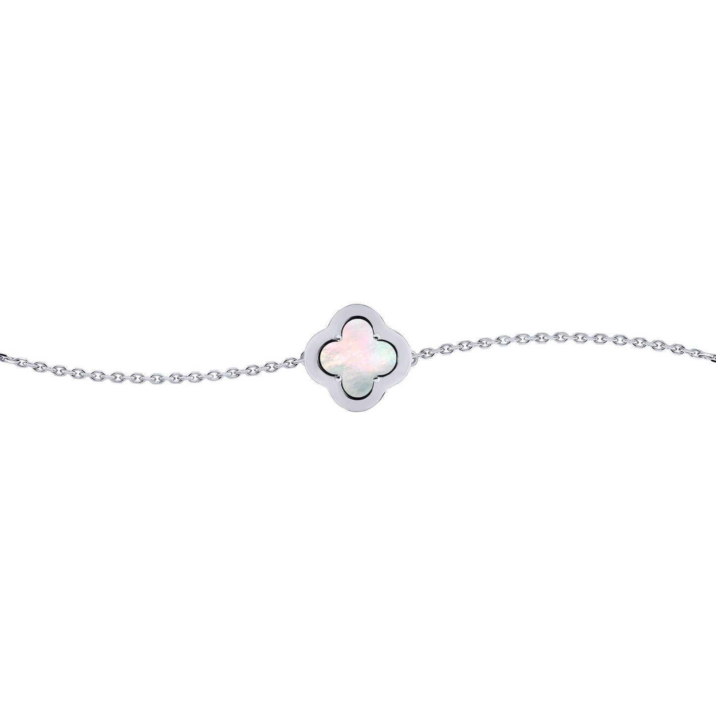 Silver  CZ Mother of Pearl Clover Kiss Charm Bracelet 6-7.5" - 8-29-2672