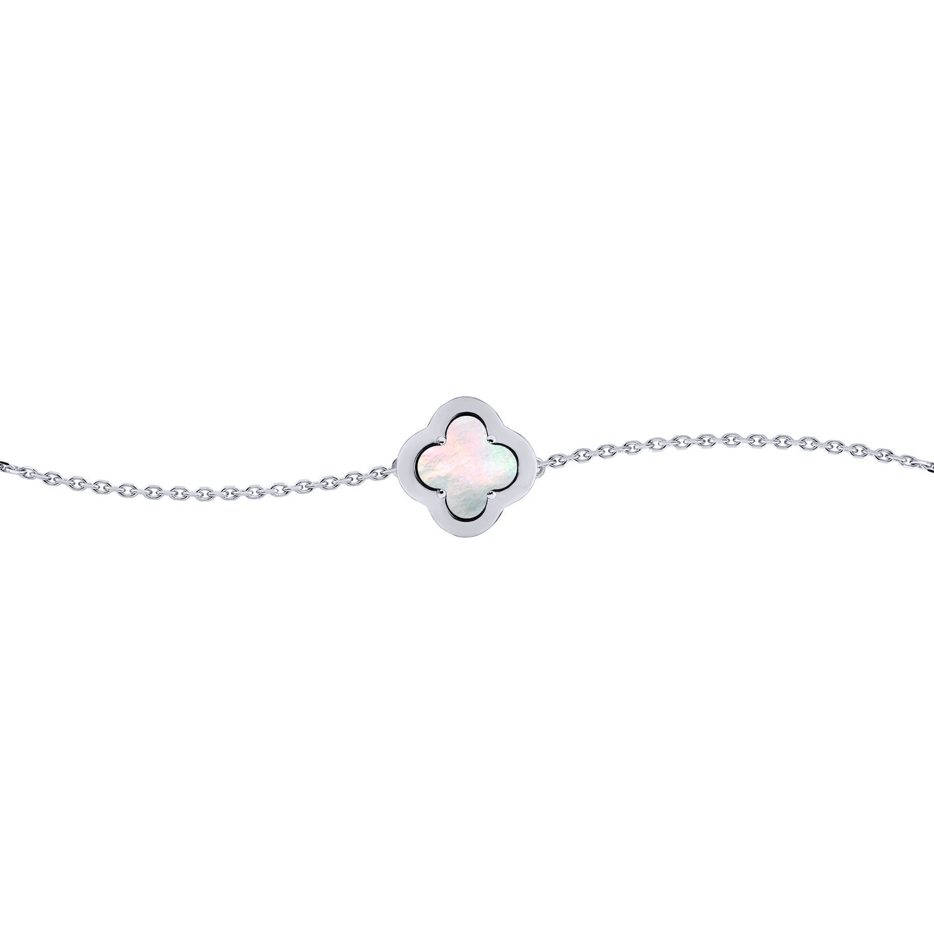 Silver  CZ Mother of Pearl Clover Kiss Charm Bracelet 6-7.5" - 8-29-2672