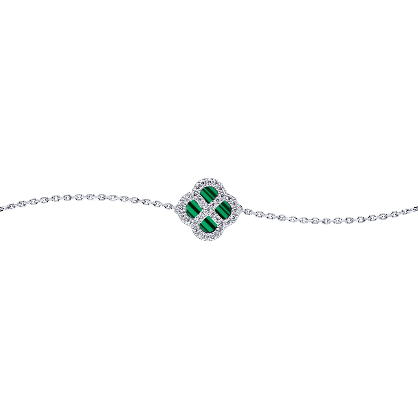 Silver  CZ Malachite Clover Kiss Charm Bracelet 6-7.5" - 8-29-2682